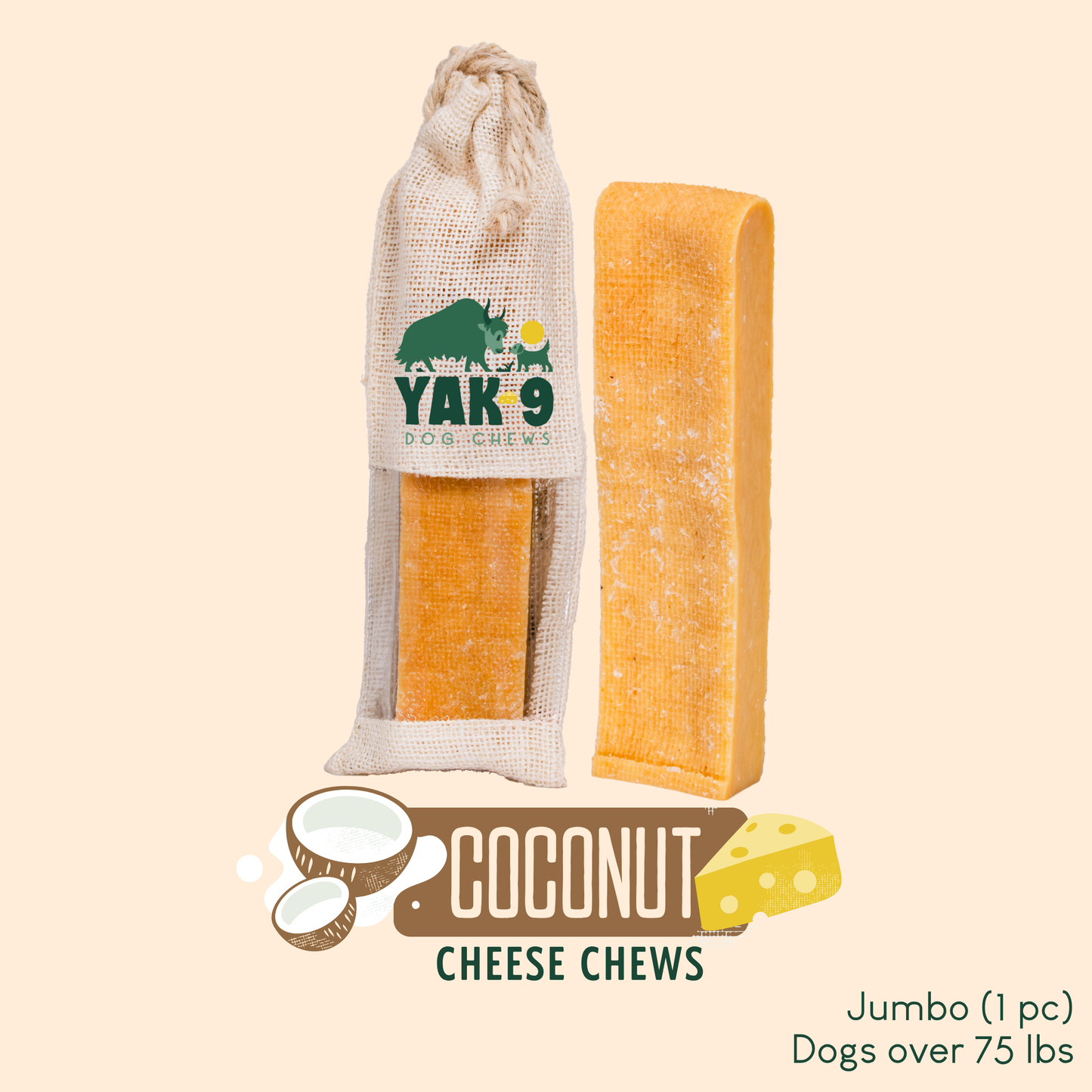 Coconut Cheese Chews for Dogs Jumbo (8oz) 1 pack COCONUT YAK CHEWS Yak9 Chews