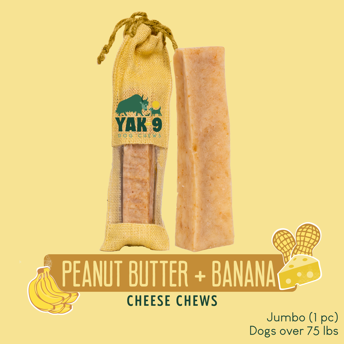 Peanut Butter & Banana Chews for Dogs Jumbo (8oz) Peanut Butter Banana Chews Yak9 Chews