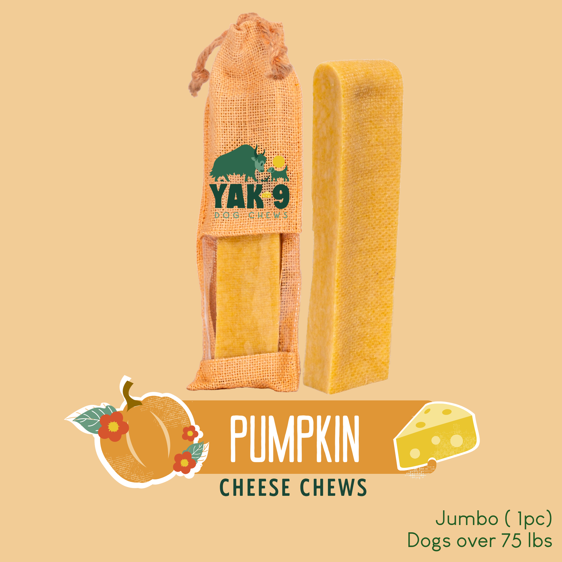 Pumpkin Cheese Chews for Dogs Jumbo (8oz) 1 pack PUMPKIN YAK CHEWS Yak9 Chews