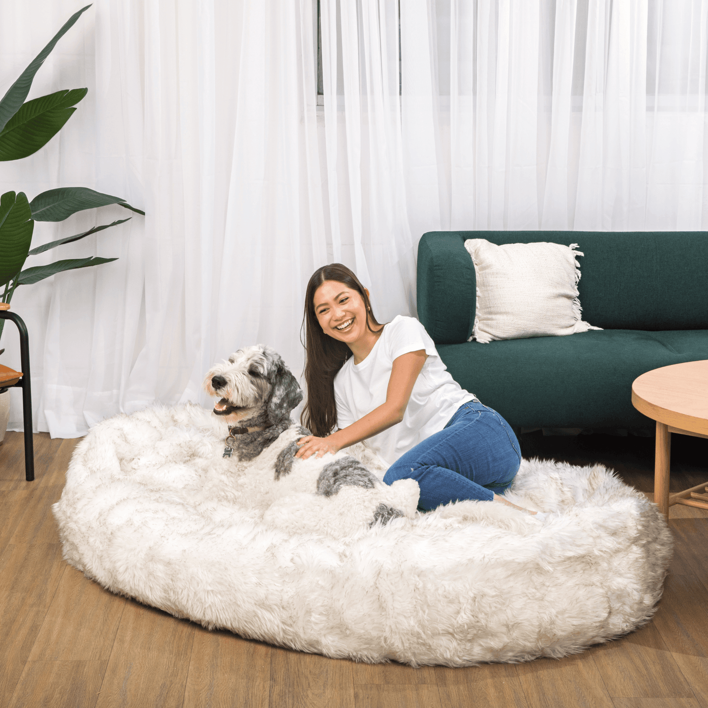 PupCloud™ Human-Size Faux Fur Memory Foam Dog Bed - White with Brown Accents Paw