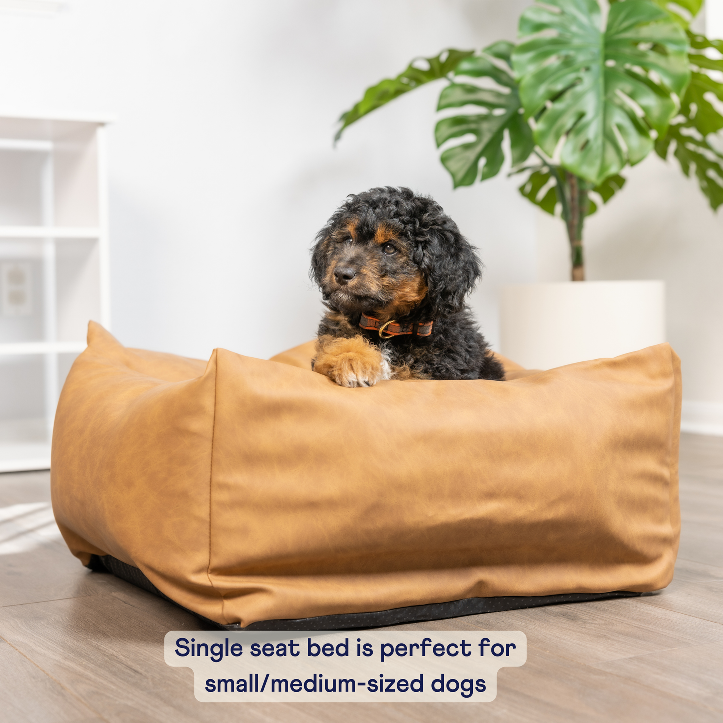 PupProtector™ Faux Cool-to-Touch Vegan Leather Memory Foam Dog Car Bed - Camel Travel Paw.com