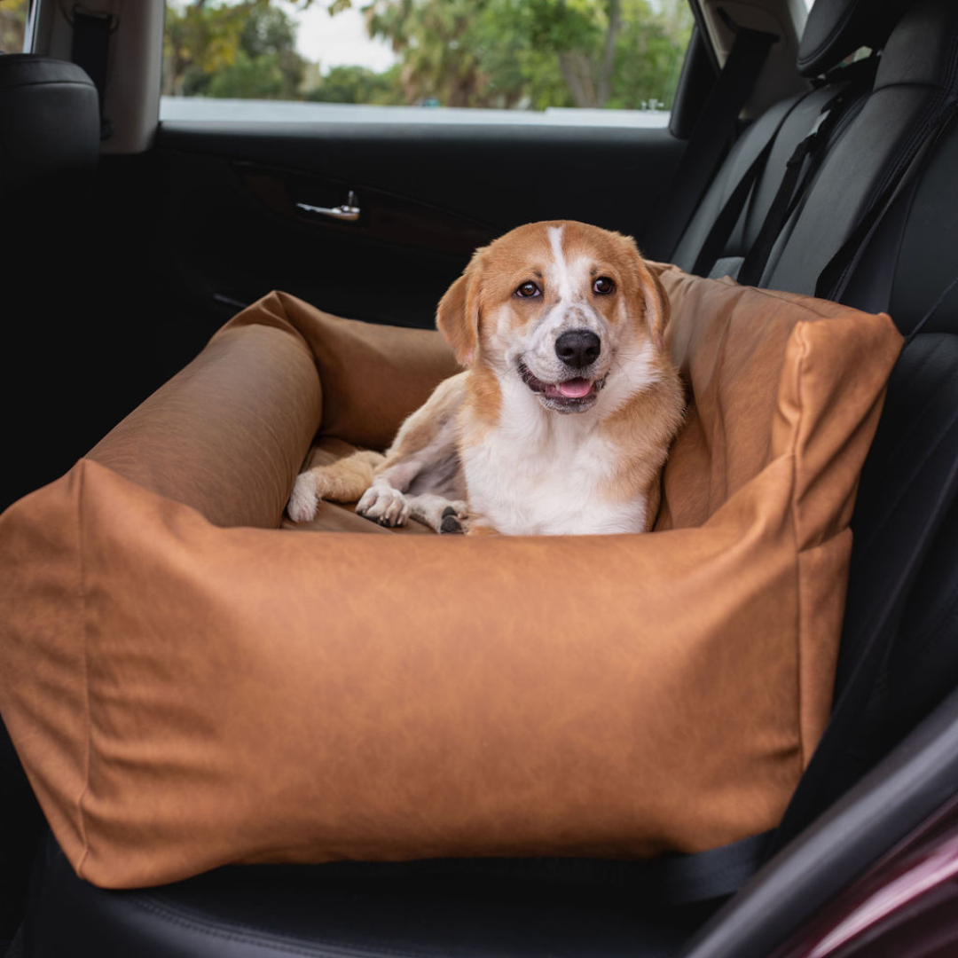 PupProtector™ Faux Cool-to-Touch Vegan Leather Memory Foam Dog Car Bed - Camel Full Back Seat (48" x 18" x 13") Travel Paw.com