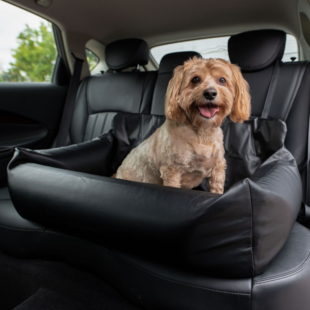 PupProtector™ Faux Cool-to-Touch Vegan Leather Memory Foam Dog Car Bed - Black Double Seat (36" x 18" x 13") Travel Paw.com