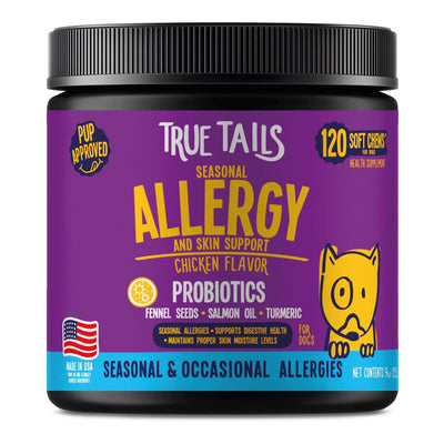 Seasonal Allergy and Skin Support For Dogs 9oz Jar (120 count) Chicken Dog Soft Chews Dogline
