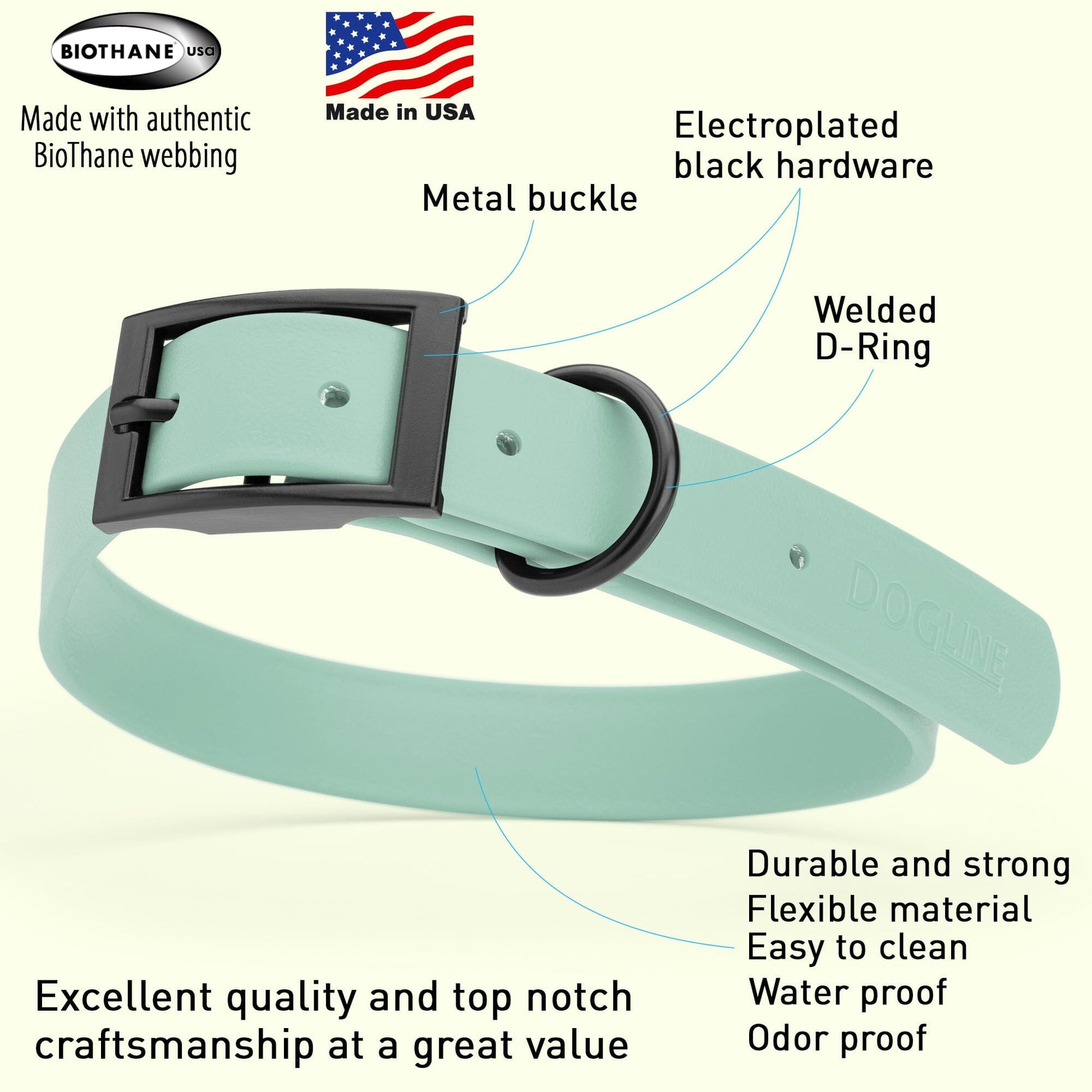 BioThane Waterproof Dog Collar - XS: L 12"-15" x W 5/8" - Black OR Brass Hardware Dog Collars Dogline