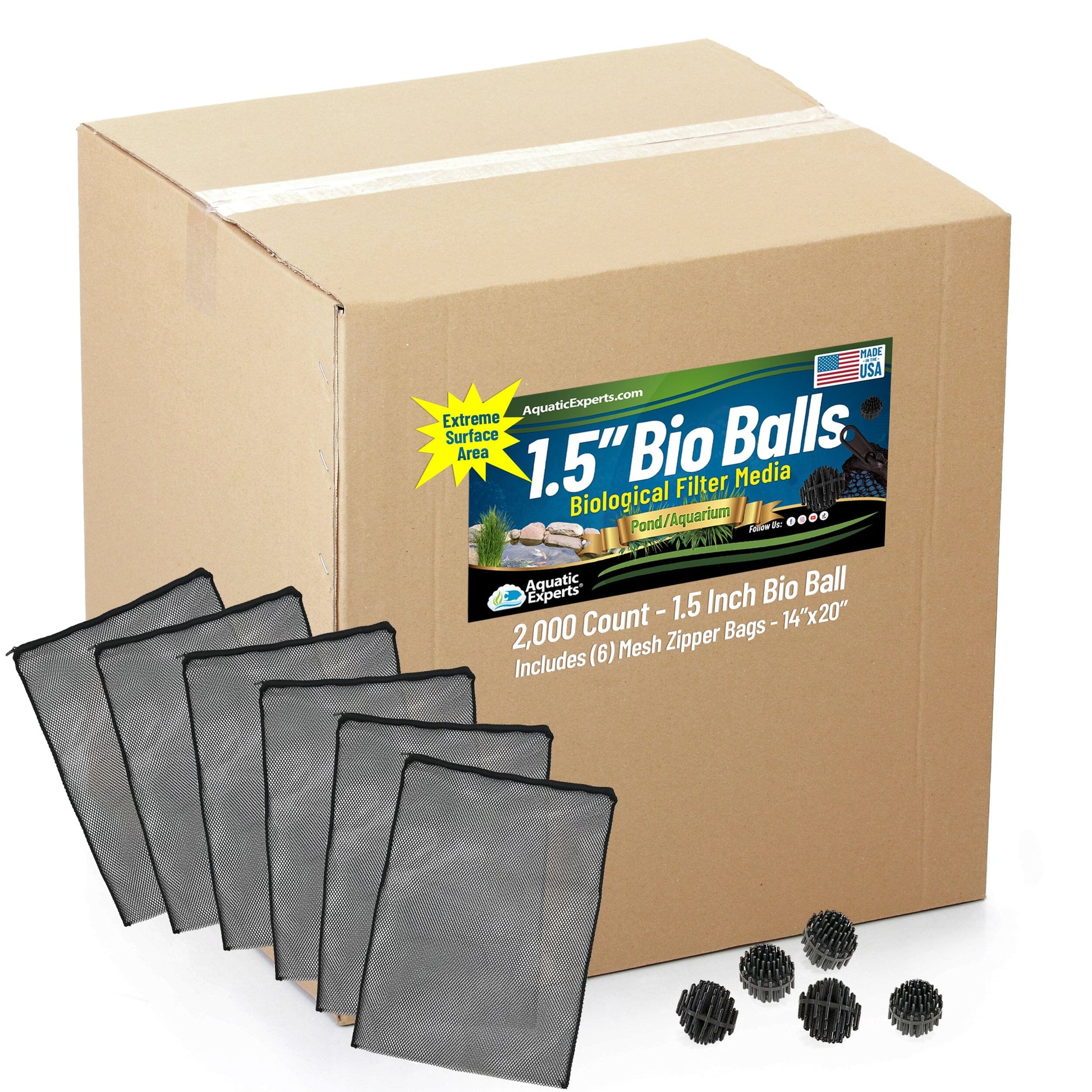 Bio Balls Filter Media - 1.5 Inch Large Bio Ball for Pond Filter - Perfect Bio Balls for Pond Filter Media – Made in The USA 2000ct with 6 (14"x20") Mesh Bags Bio balls Aquatic Experts