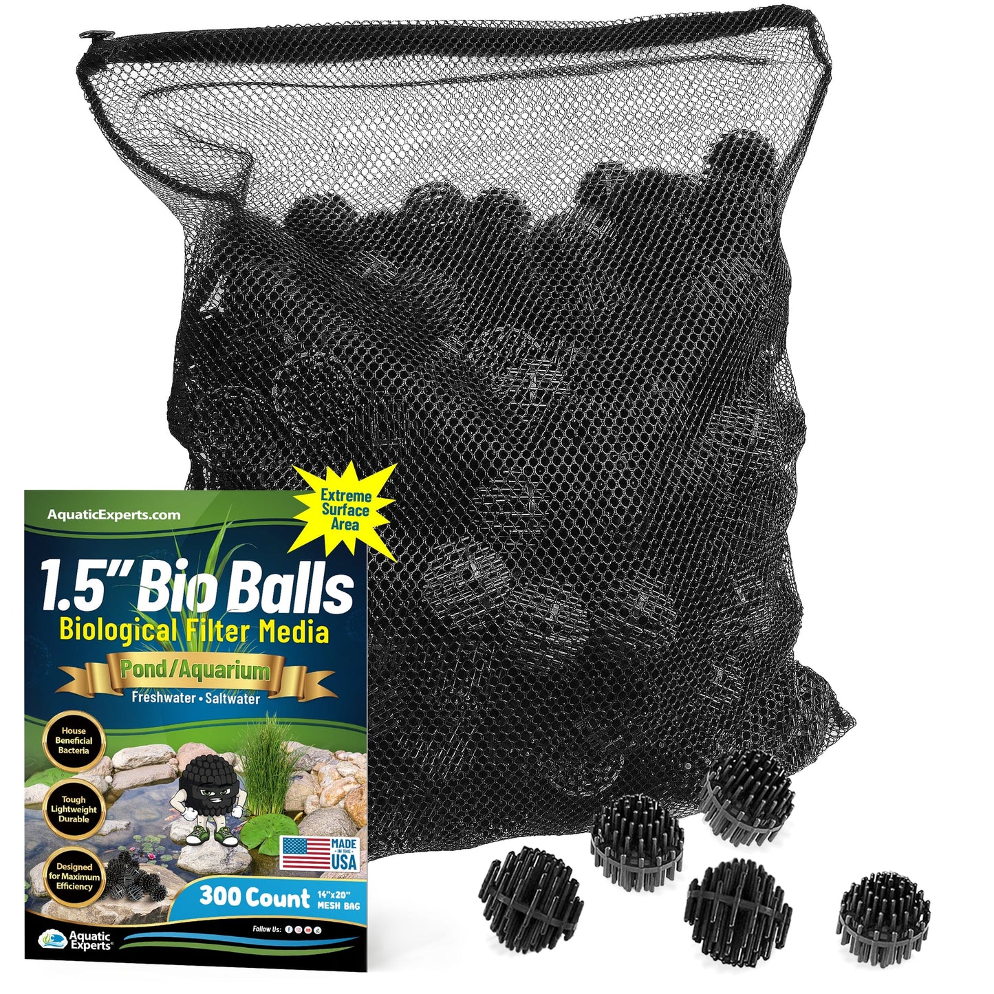 Bio Balls Filter Media - 1.5 Inch Large Bio Ball for Pond Filter - Perfect Bio Balls for Pond Filter Media – Made in The USA 300ct with 14"x20" Mesh Bag Bio balls Aquatic Experts