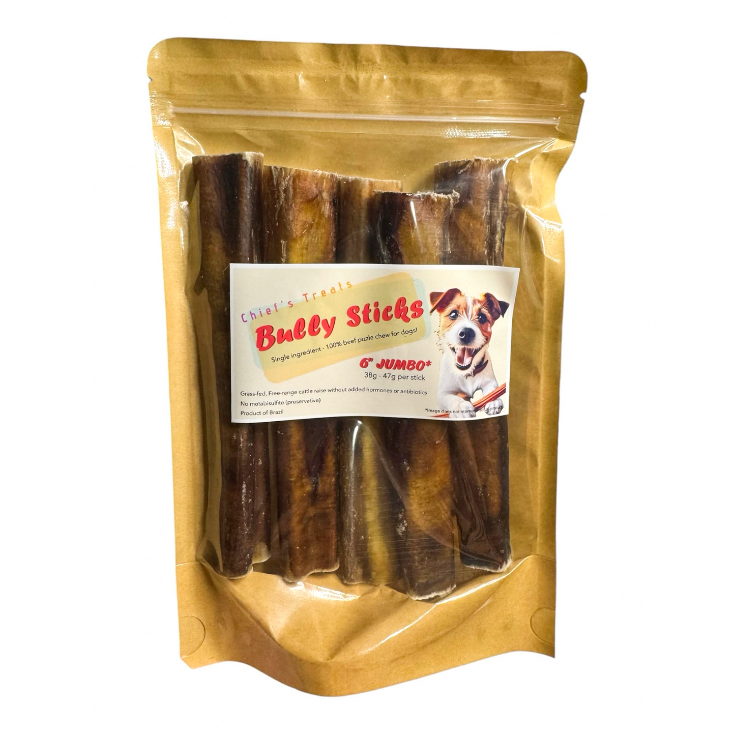 Bully Sticks 6" JUMBO | Very Low Odor | Pack of 5 | Grass-fed/Free-range Dog Treats Bones Bully Sticks and Natural Chews Chief’s Treats and Pet Supplies