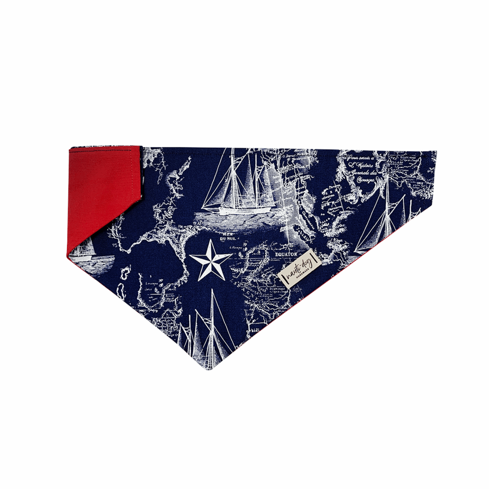 Carta Marina Navy Vintage Nautical Toile Over-the-collar Dog Bandana Over-the-collar Bandanas Nauti-dog Handmade