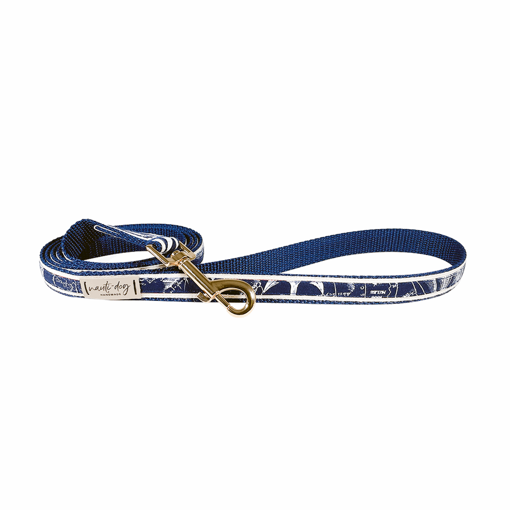 Carta Marina Navy Vintage Nautical Toile Ribbon Dog Leash Dog Leashes Nauti-dog Handmade