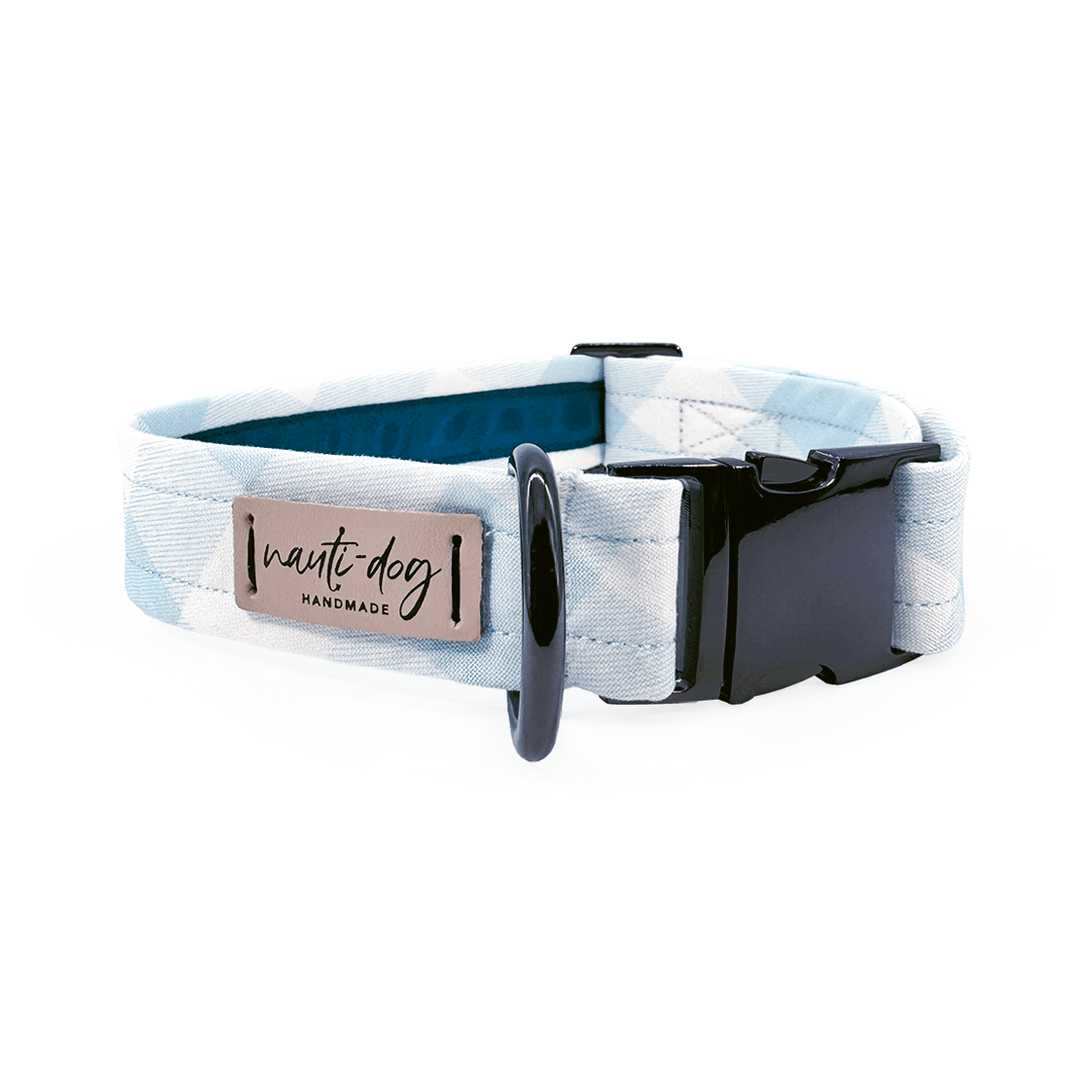 Carter Sky Blue Check Oxford Plaid Buckle & Martingale Dog Collar Dog Collars Nauti-dog Handmade