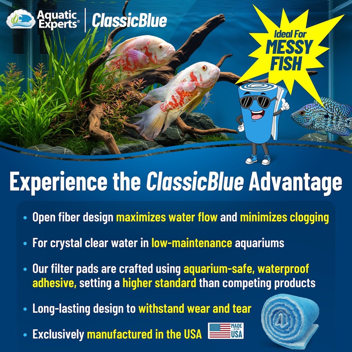 Classic Bonded Aquarium Filter Pad - Blue & White Aquarium Filter Media Roll Bulk, Customizable for Most Filters Aquatic Experts