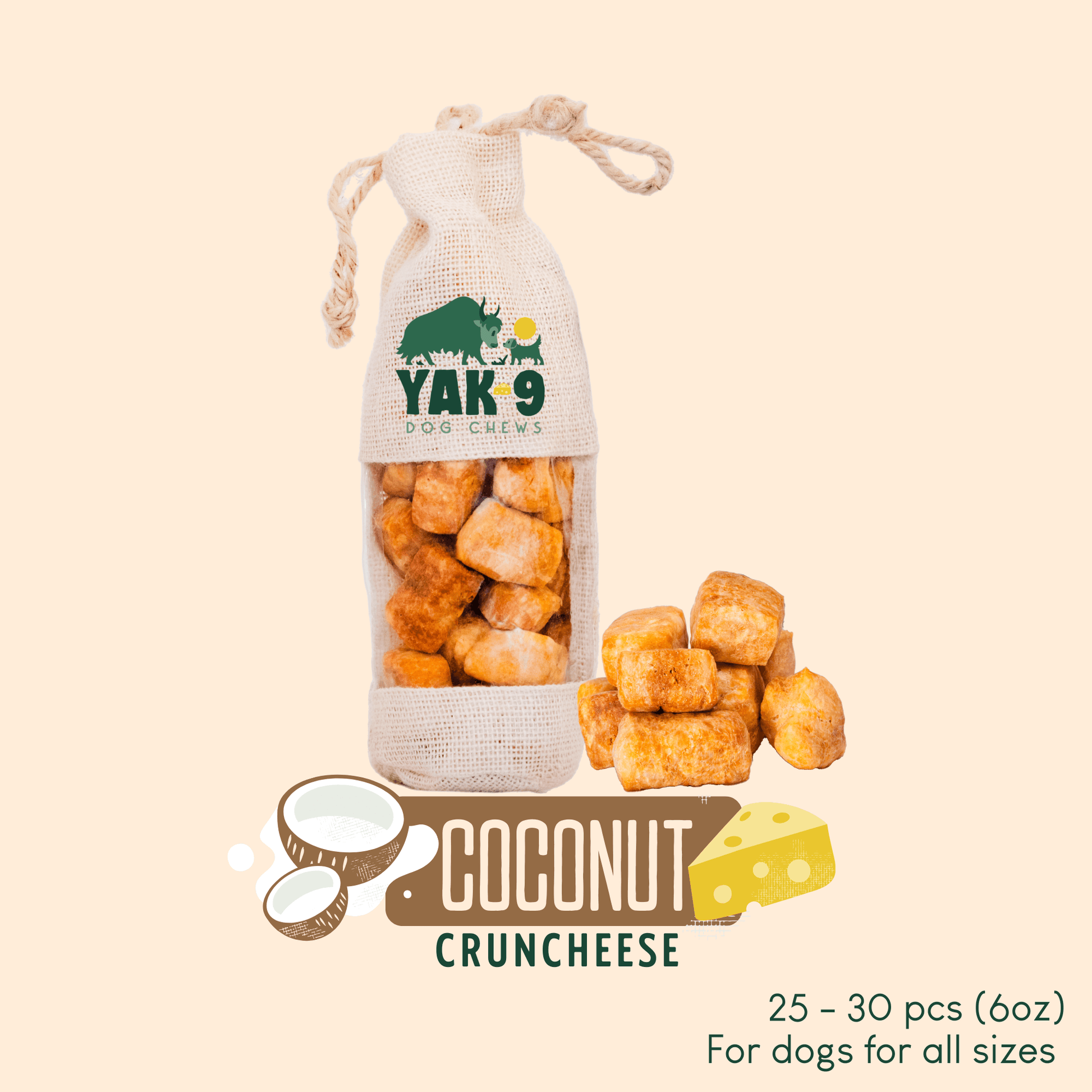 CrunCheese Yak Cheese Treats for Dogs - 6 oz Coconut Dog Treats Yak9 Chews