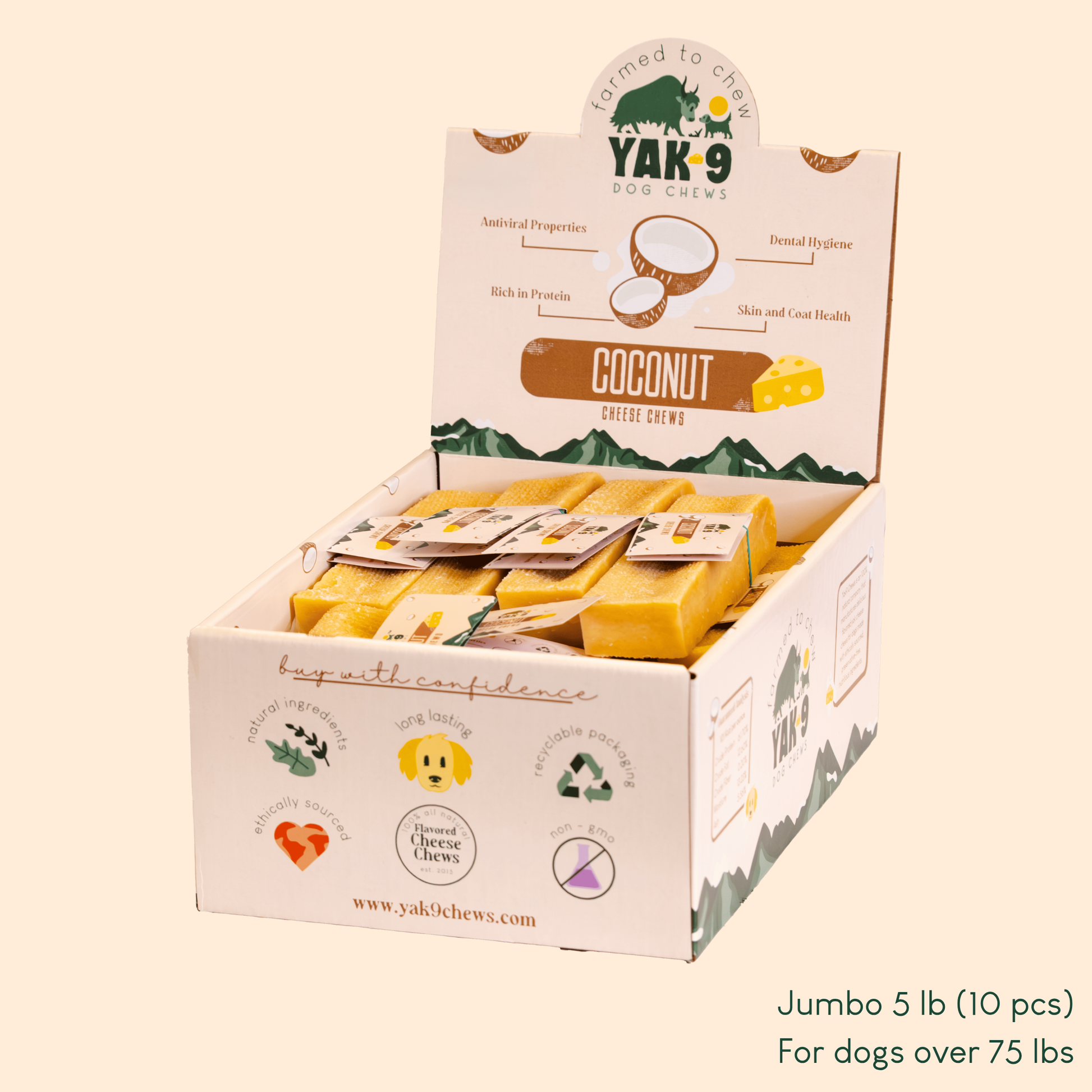 Coconut Cheese Chews for Dogs Jumbo (8oz) 5 lb COCONUT YAK CHEWS Yak9 Chews