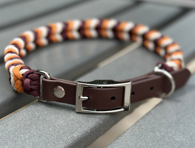 Coiled Charm Hand Braided Dog Collar in Mustard, Burgundy, & Cream Handmade Braided Collars Pawsh Pup Co.