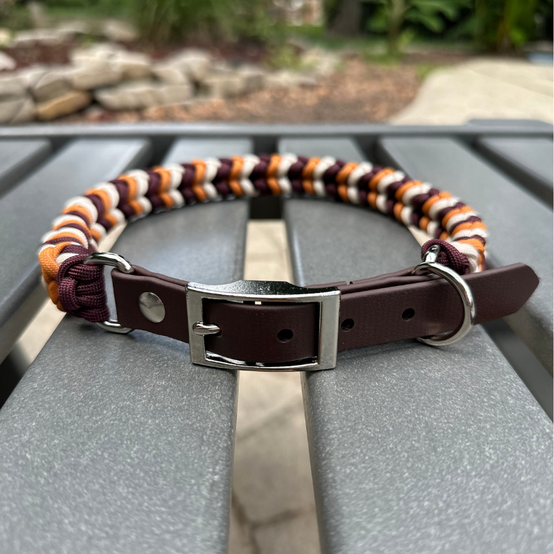 Coiled Charm Hand Braided Dog Collar in Mustard, Burgundy, & Cream Handmade Braided Collars Pawsh Pup Co.