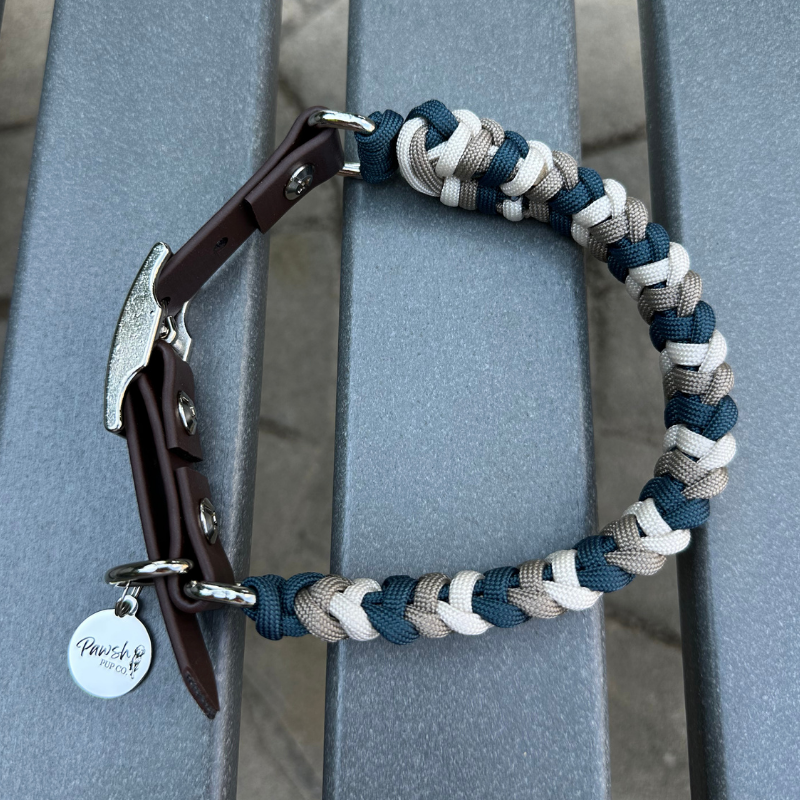 Coiled Charm Hand Braided Dog Collar in Navy, Tan, & Cream Handmade Braided Collars Pawsh Pup Co.