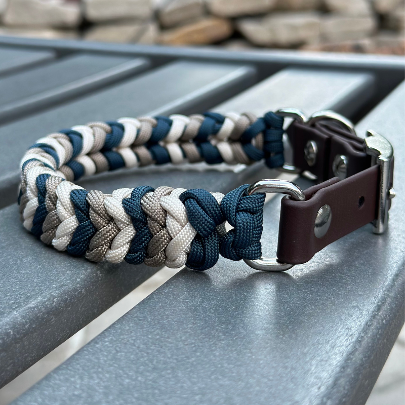 Coiled Charm Hand Braided Dog Collar in Navy, Tan, & Cream Handmade Braided Collars Pawsh Pup Co.
