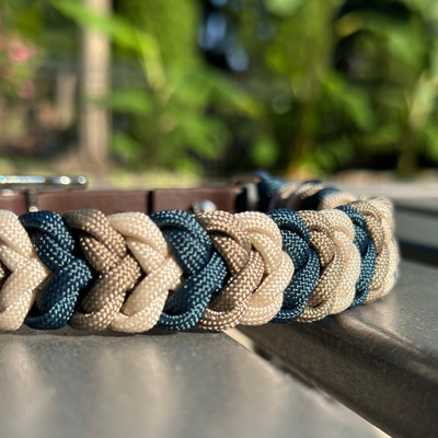 Coiled Charm Hand Braided Dog Collar in Navy, Tan, & Cream Handmade Braided Collars Pawsh Pup Co.