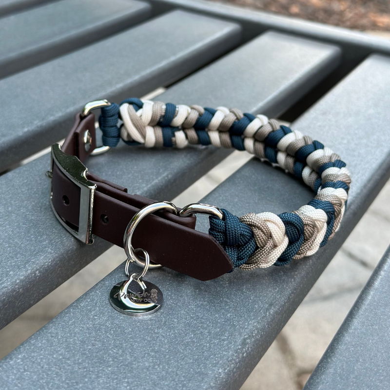 Coiled Charm Hand Braided Dog Collar in Navy, Tan, & Cream Handmade Braided Collars Pawsh Pup Co.