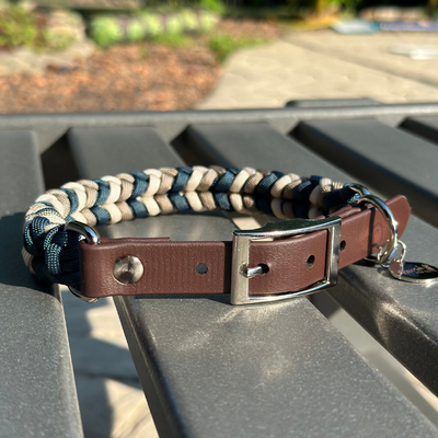 Coiled Charm Hand Braided Dog Collar in Navy, Tan, & Cream Handmade Braided Collars Pawsh Pup Co.