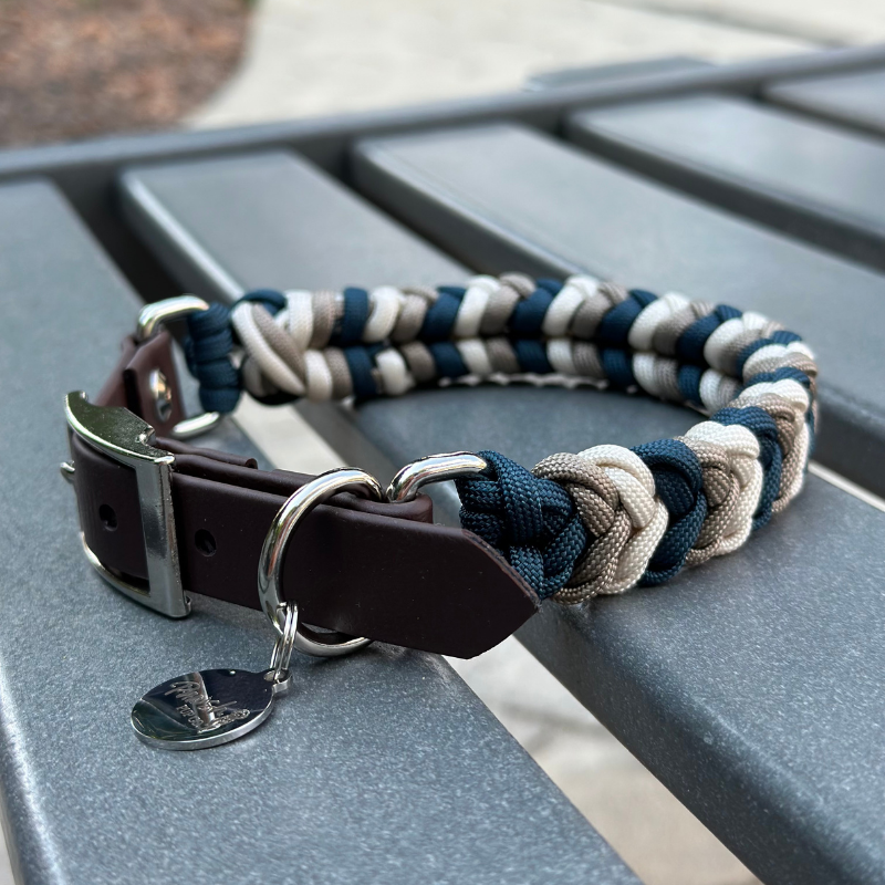 Coiled Charm Hand Braided Dog Collar in Navy, Tan, & Cream Handmade Braided Collars Pawsh Pup Co.
