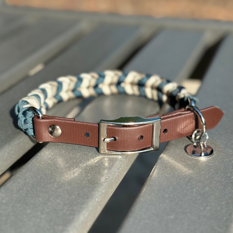 Coiled Charm Hand Braided Dog Collar in Navy, Tan, & Cream Handmade Braided Collars Pawsh Pup Co.