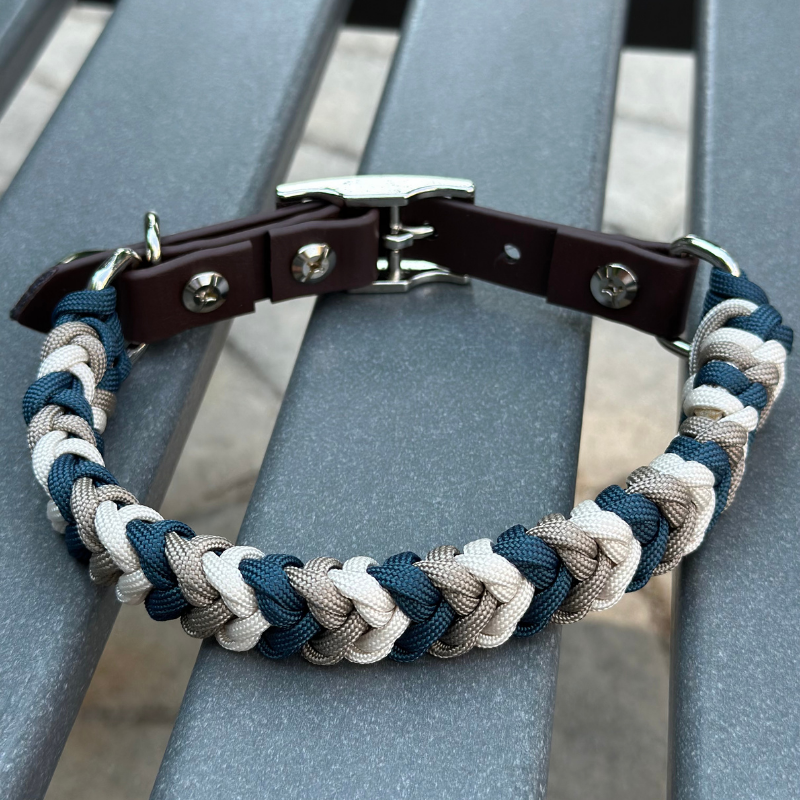 Coiled Charm Hand Braided Dog Collar in Navy, Tan, & Cream Handmade Braided Collars Pawsh Pup Co.