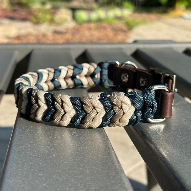 Coiled Charm Hand Braided Dog Collar in Navy, Tan, & Cream Handmade Braided Collars Pawsh Pup Co.