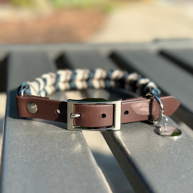 Coiled Charm Hand Braided Dog Collar in Navy, Tan, & Cream Handmade Braided Collars Pawsh Pup Co.