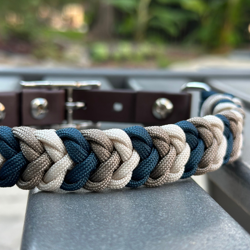 Coiled Charm Hand Braided Dog Collar in Navy, Tan, & Cream Handmade Braided Collars Pawsh Pup Co.