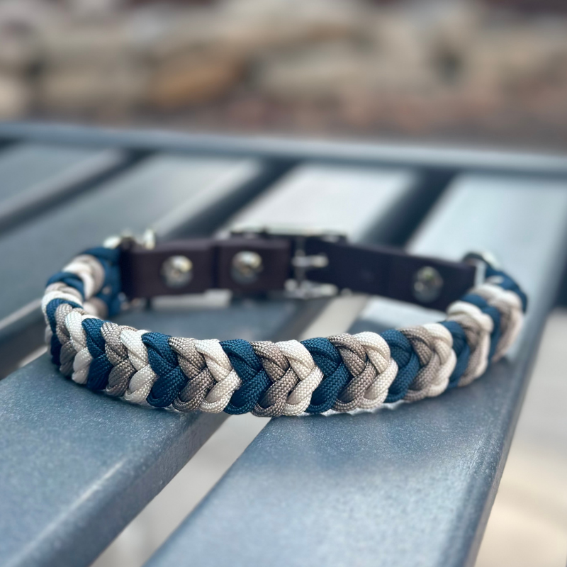 Coiled Charm Hand Braided Dog Collar in Navy, Tan, & Cream Handmade Braided Collars Pawsh Pup Co.