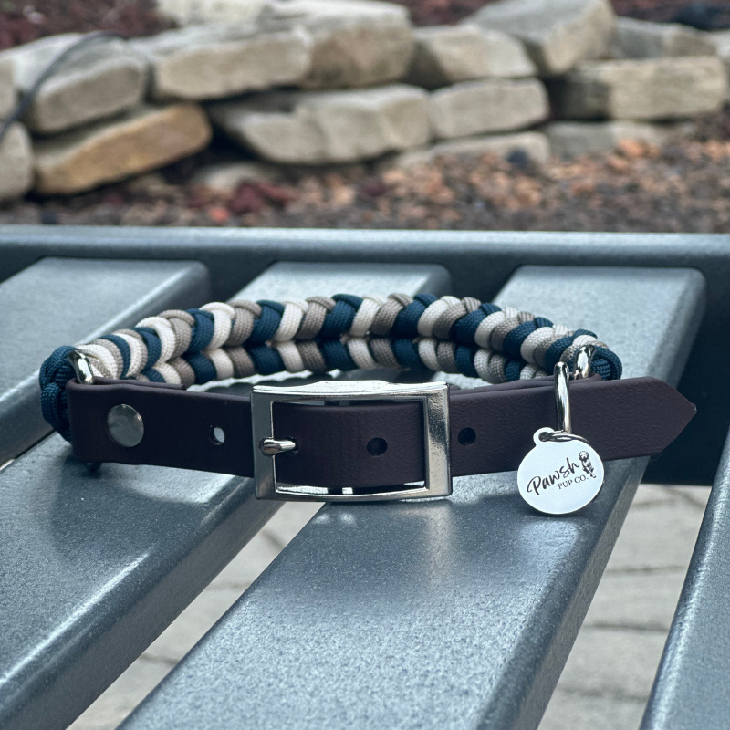 Coiled Charm Hand Braided Dog Collar in Navy, Tan, & Cream Handmade Braided Collars Pawsh Pup Co.
