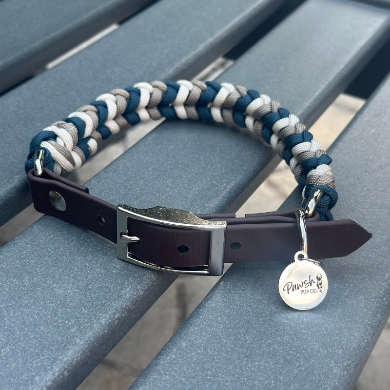 Coiled Charm Hand Braided Dog Collar in Navy, Tan, & Cream Handmade Braided Collars Pawsh Pup Co.