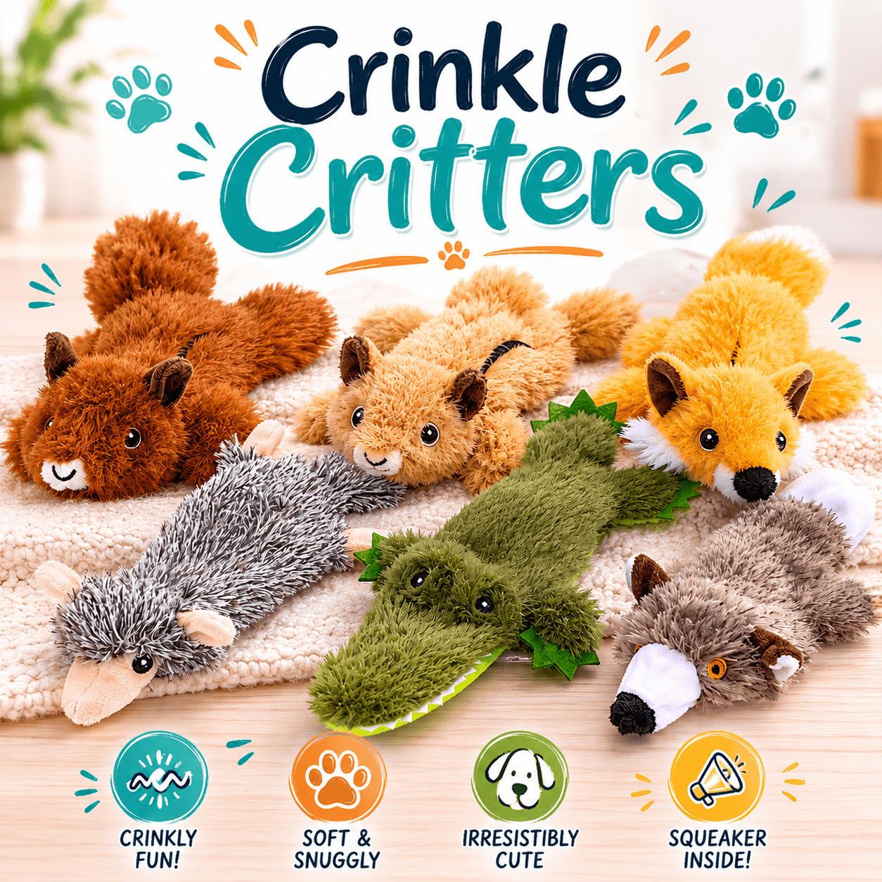 Crinkle Critters Stuffing-Free Dog Toy with Squeaker Dog Toys Dogline