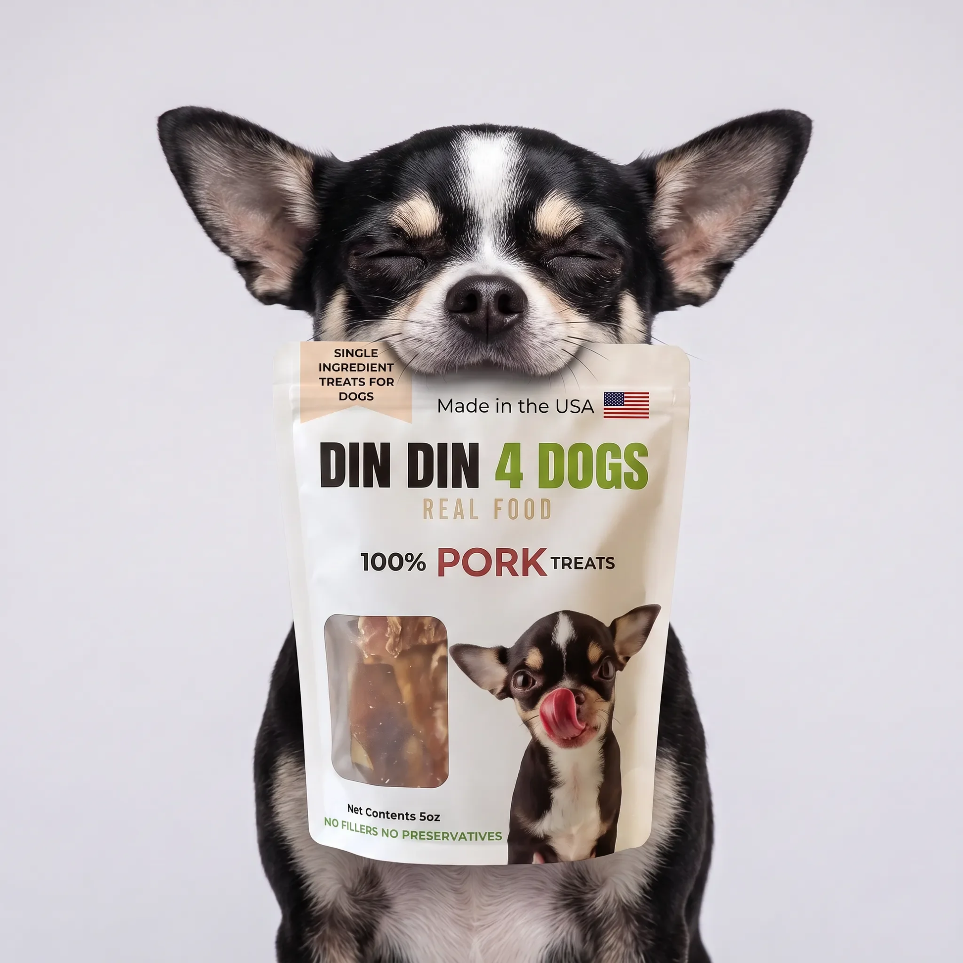 Pork Dog Treats, 5 Ounce Bag, Single Ingredient, High Protein Treat Din Din 4 Dogs