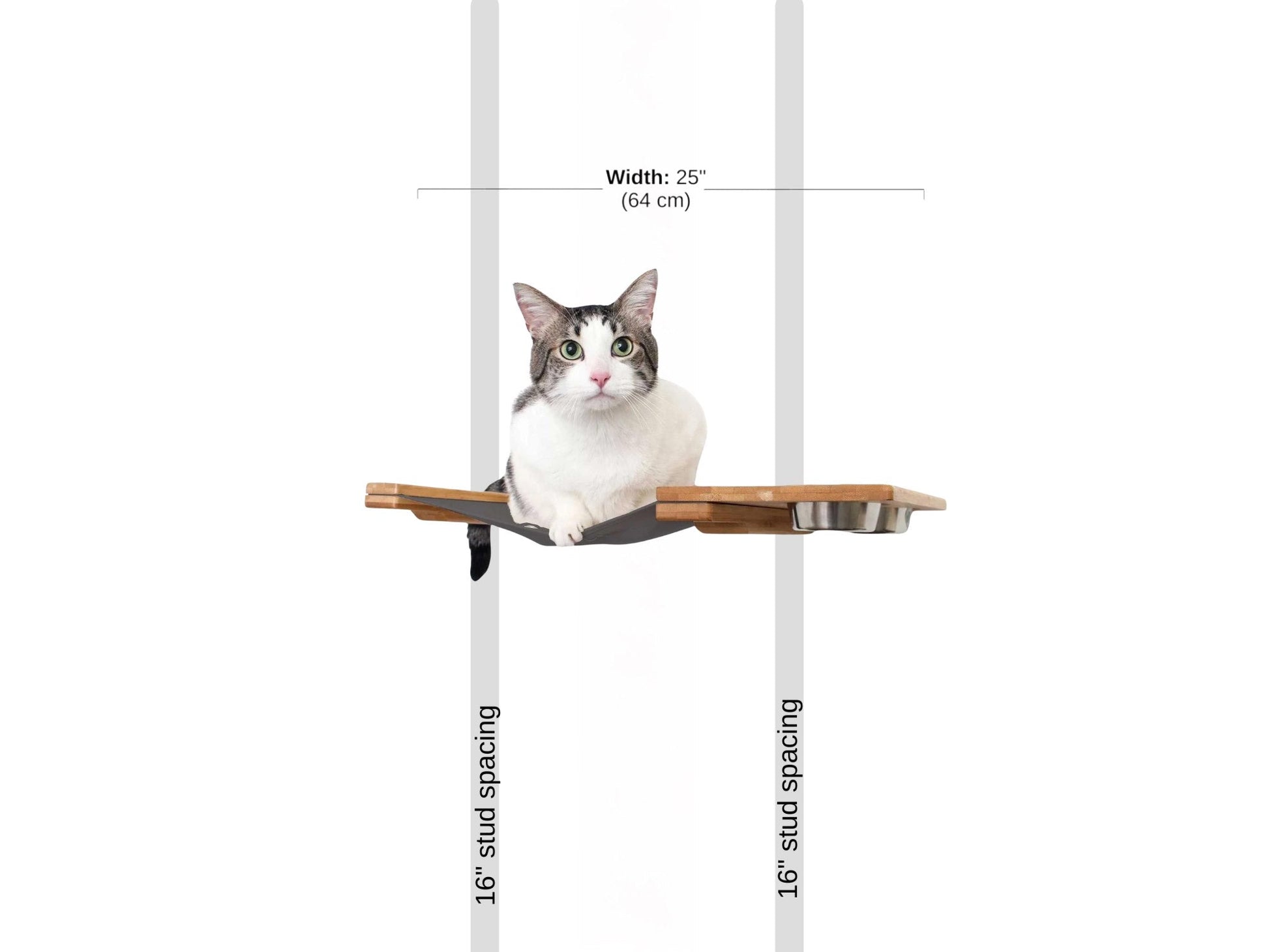 Dog Proof Cat Feeder - Wall-Mounted - Raised Standard Natural Bamboo Charcoal Gray Canvas 16" Cat Hammock Catastrophic Creations