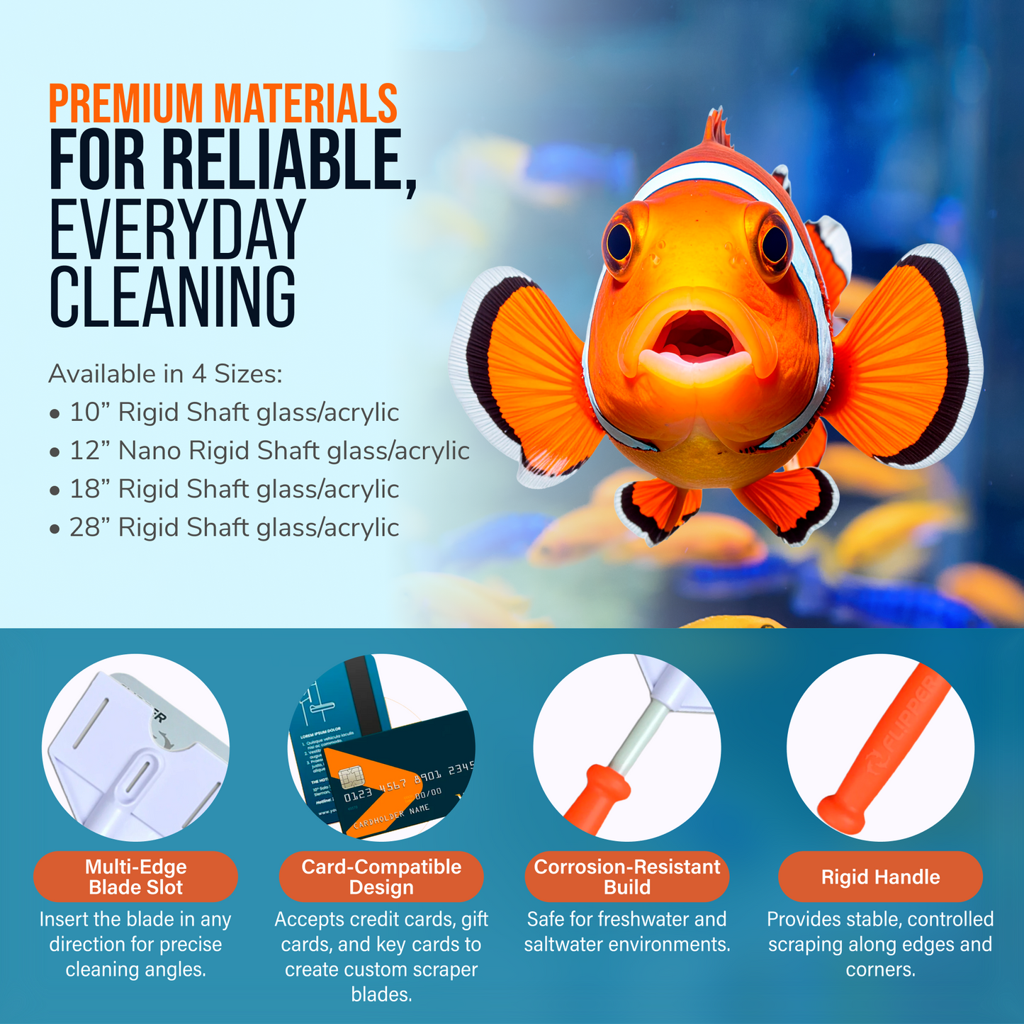 Flipper Platinum Aquarium Algae Scraper - 10" Hand Held Scraper Flipper Aquarium Products