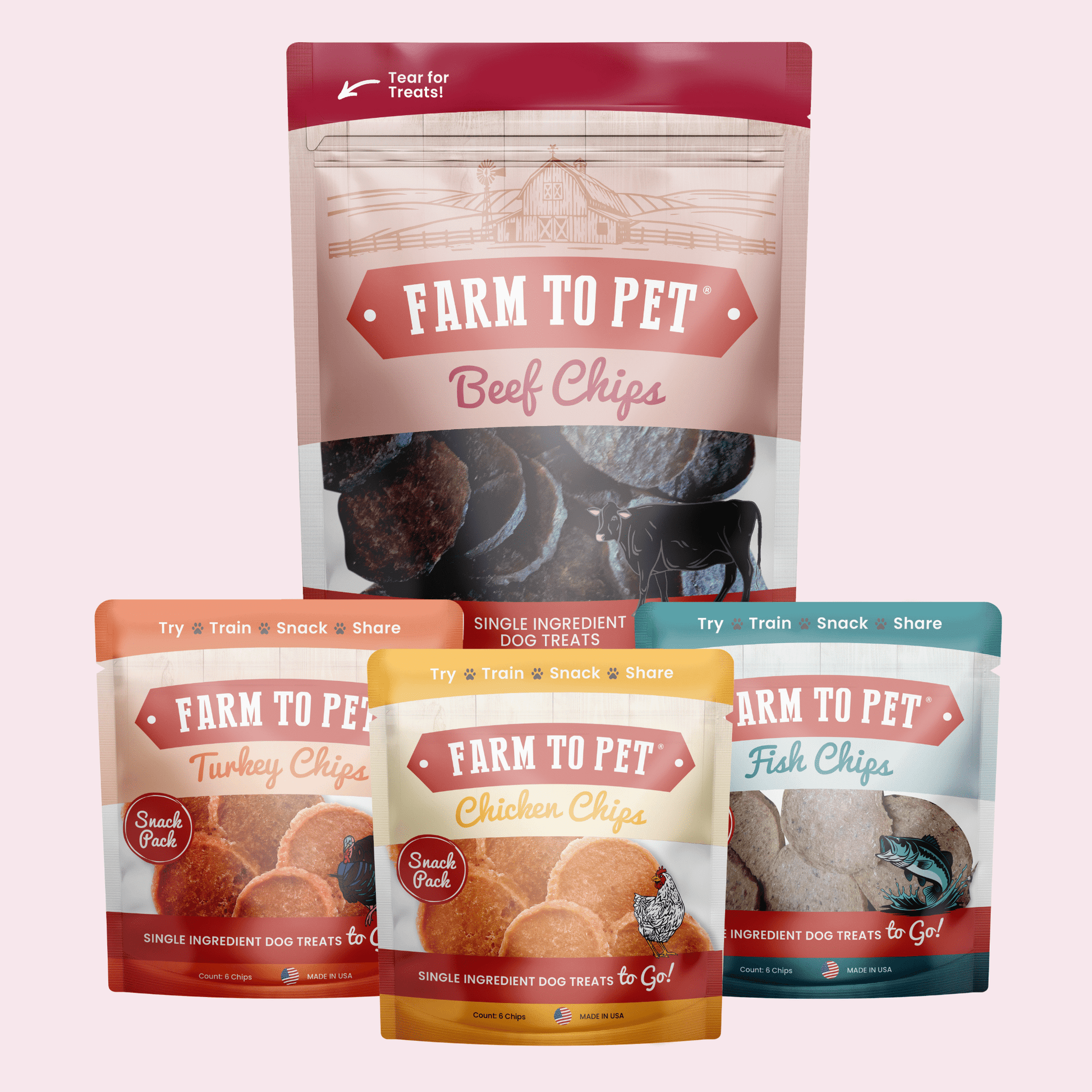 Puppy Packs 'n Snacks Dog Treat Starter Pack | Single-Ingredient Training Treats Beef 4oz + 1 Chicken & 1 Turkey & 1 Fish Snack Pack Bundle Farm To Pet
