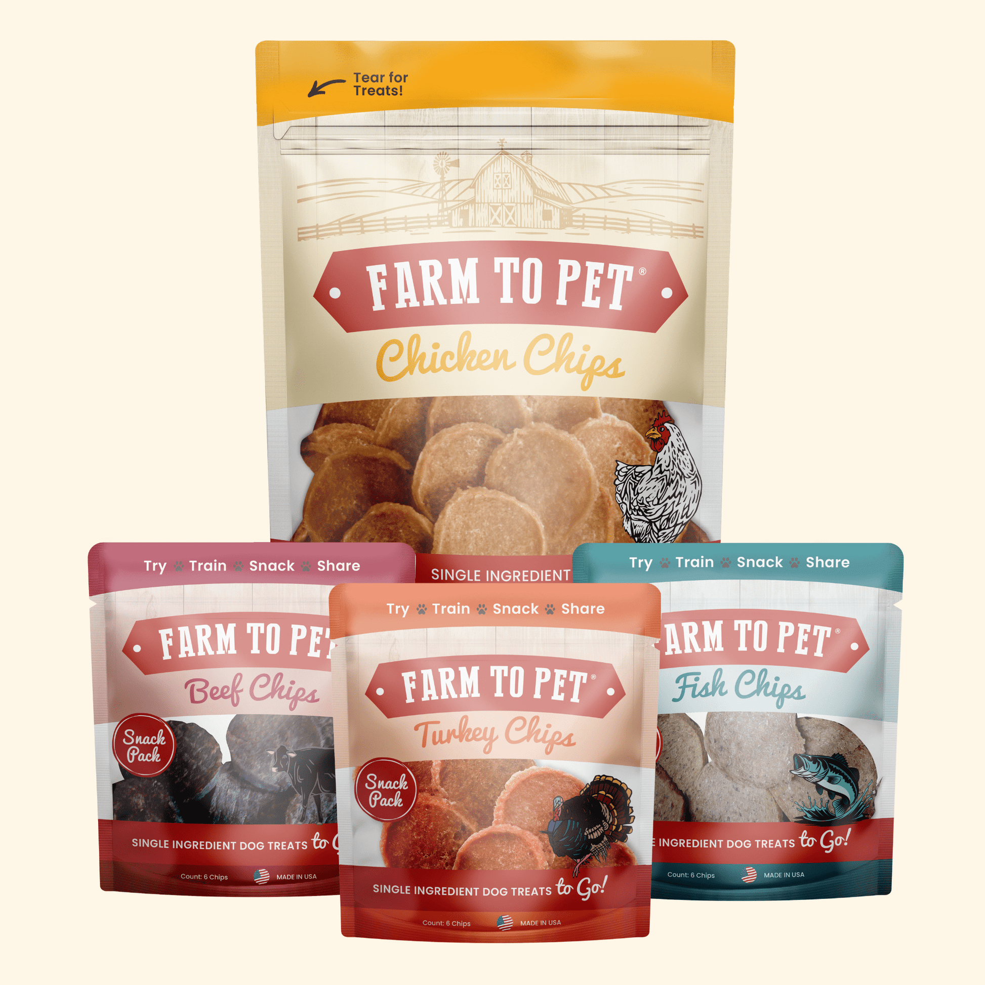 Puppy Packs 'n Snacks Dog Treat Starter Pack | Single-Ingredient Training Treats Chicken 4oz + 1 Beef & 1 Turkey & 1 Fish Snack Pack Bundle Farm To Pet
