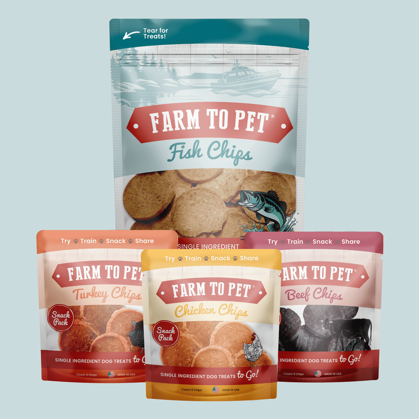 Puppy Packs 'n Snacks Dog Treat Starter Pack | Single-Ingredient Training Treats Fish 4oz + 1 Beef & 1 Turkey & 1 Chicken Snack Pack Bundle Farm To Pet