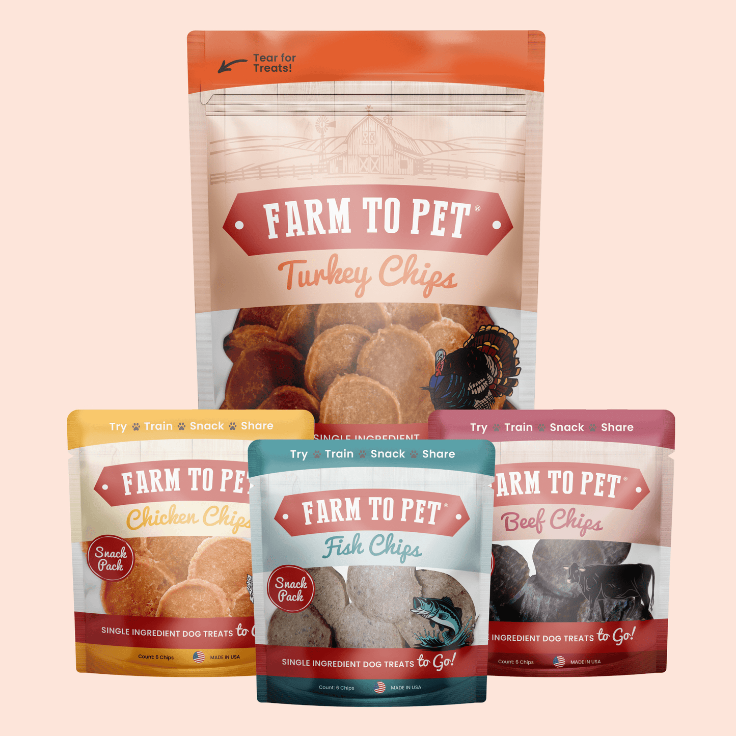 Puppy Packs 'n Snacks Dog Treat Starter Pack | Single-Ingredient Training Treats Turkey 4oz + 1 Beef & 1 Chicken & 1 Fish Snack Pack Bundle Farm To Pet