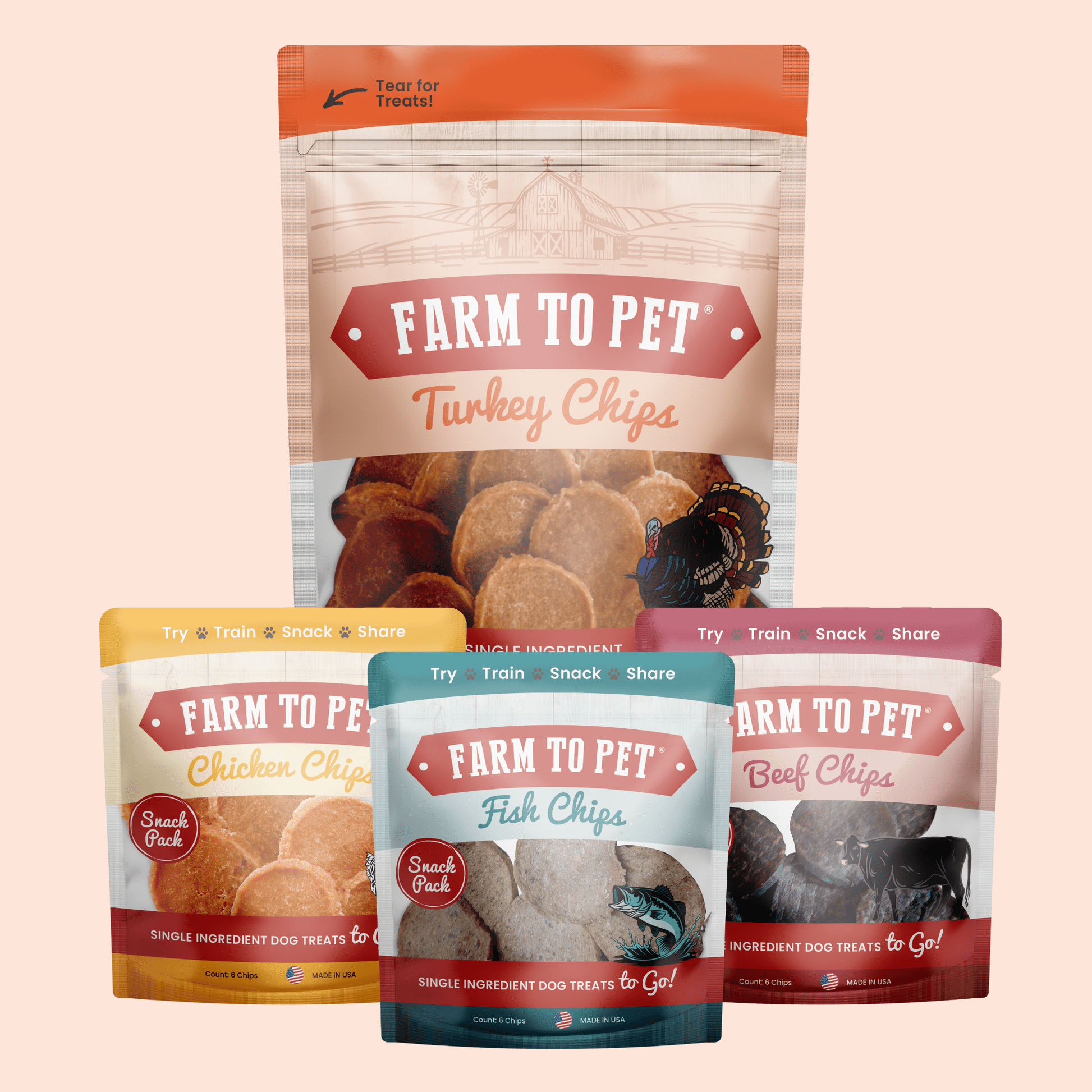 Puppy Packs 'n Snacks Dog Treat Starter Pack | Single-Ingredient Training Treats Turkey 4oz + 1 Beef & 1 Chicken & 1 Fish Snack Pack Bundle Farm To Pet