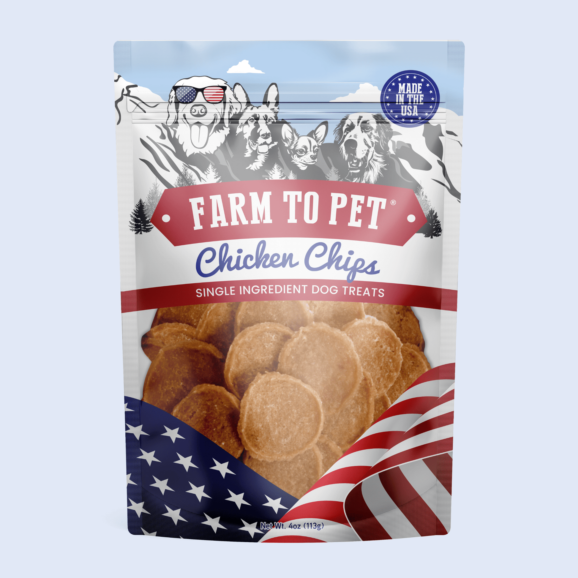 Americana Chicken Chips for Dogs | Celebrate with USA-made Dog Treats Standard 4oz Chip Farm To Pet