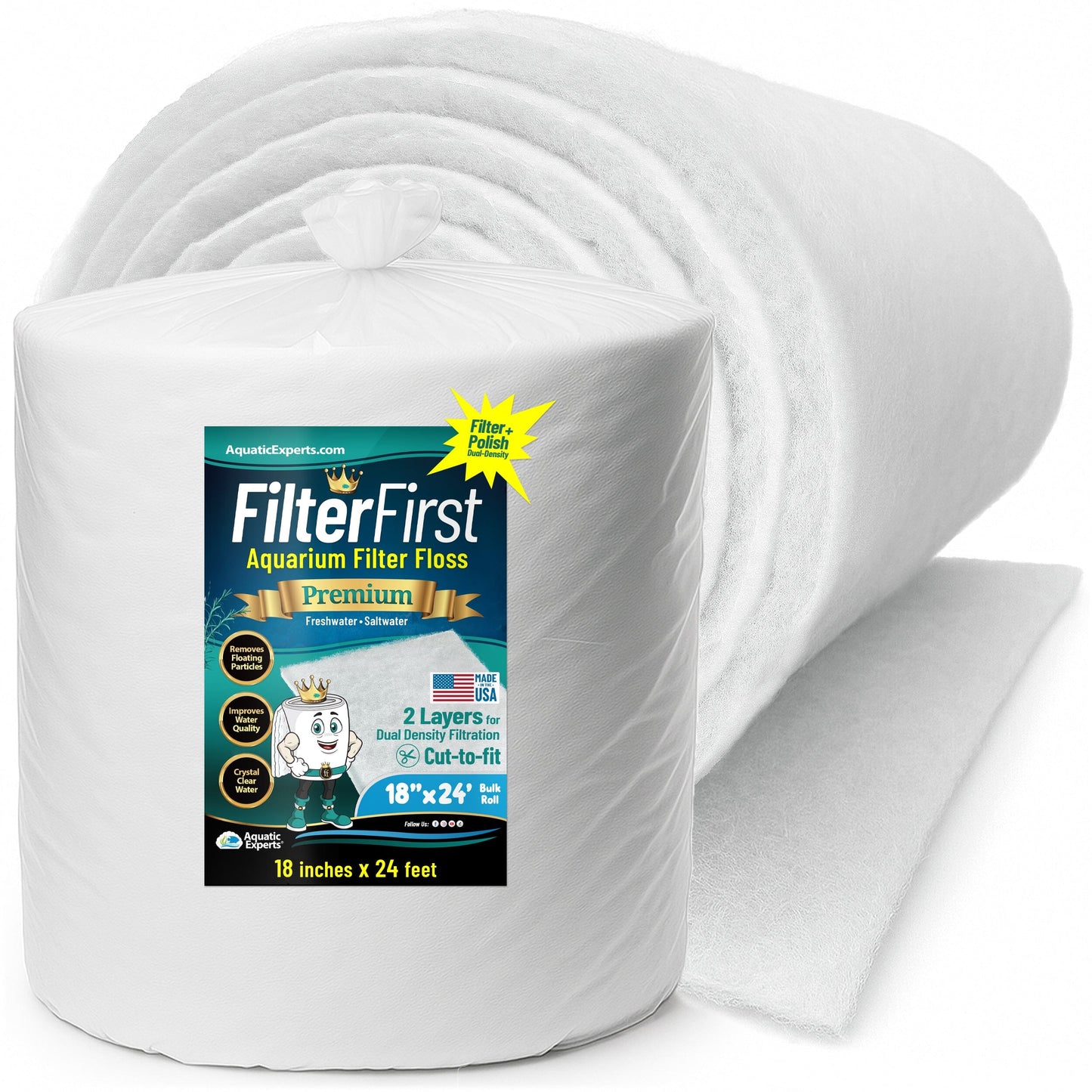 Aquarium Filter Floss for Fish Tank Filters - FilterFirst Pad - Media Roll for Crystal Clear Water 3 4" - 1" 18" x 24' Aquatic Experts