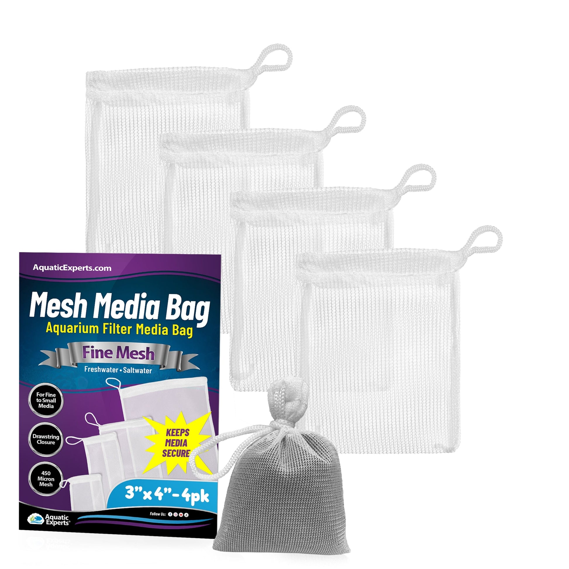 Aquatic Experts Aquarium Mesh Bag - Fine Mesh Media Bags - Perfect for Efficient Aquarium Filtration 3" x 4" 4 Pack Aquatic Experts