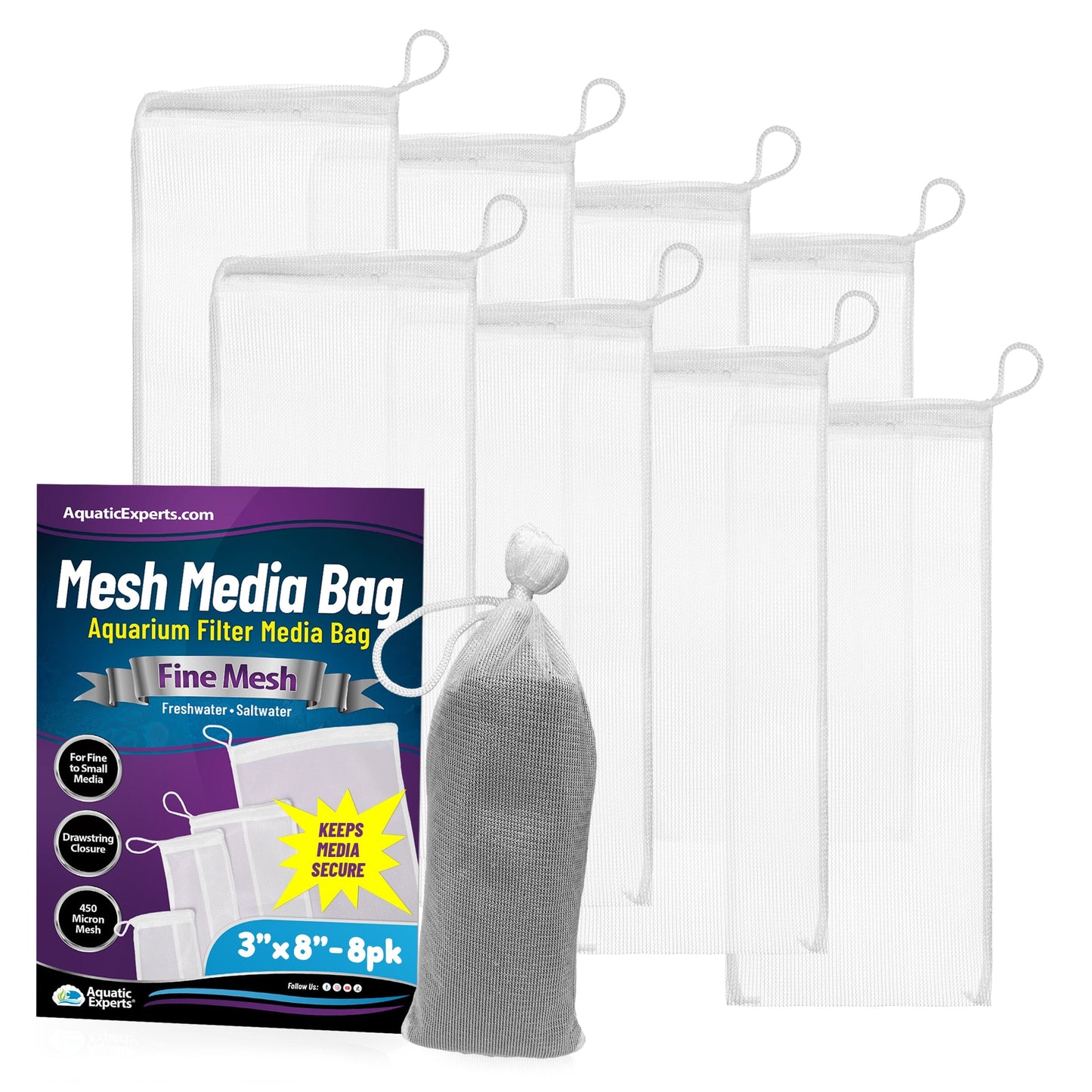 Aquatic Experts Aquarium Mesh Bag - Fine Mesh Media Bags - Perfect for Efficient Aquarium Filtration 3" x 8" 8 Pack Aquatic Experts