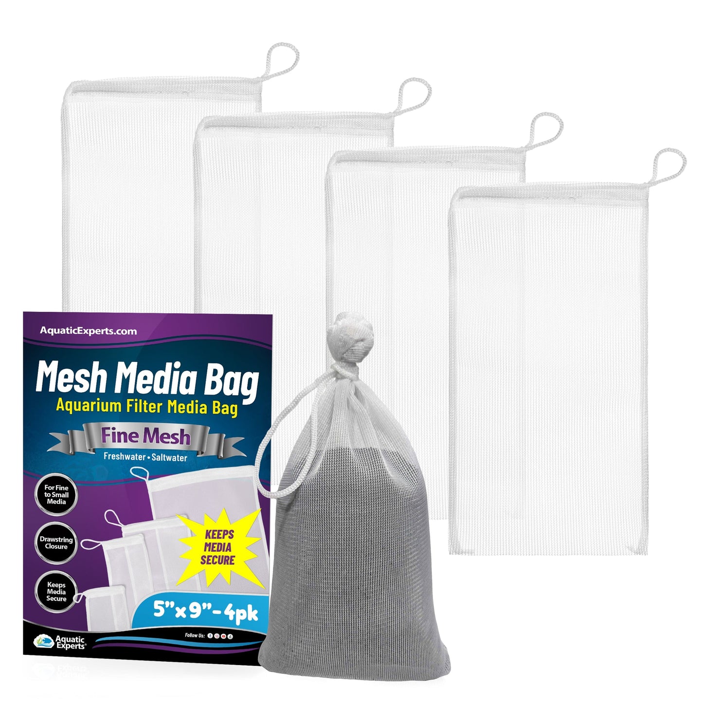 Aquatic Experts Aquarium Mesh Bag - Fine Mesh Media Bags - Perfect for Efficient Aquarium Filtration 5" x 9" 4 Pack Aquatic Experts