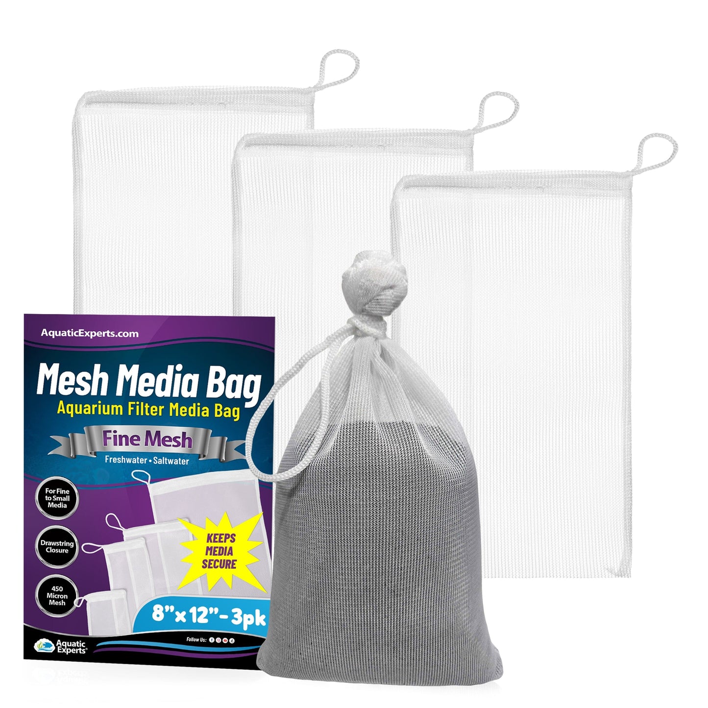 Aquatic Experts Aquarium Mesh Bag - Fine Mesh Media Bags - Perfect for Efficient Aquarium Filtration 8" x 12" 3 Pack Aquatic Experts
