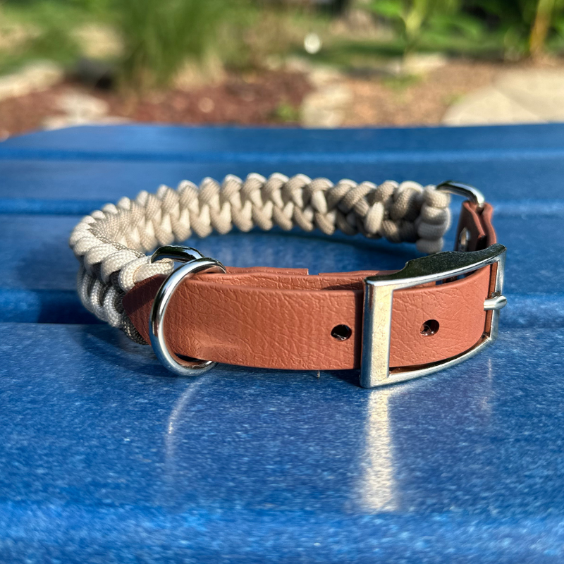 Fishtail Hand Braided Dog Collar in Tan & Cream Handmade Braided Collars Pawsh Pup Co.